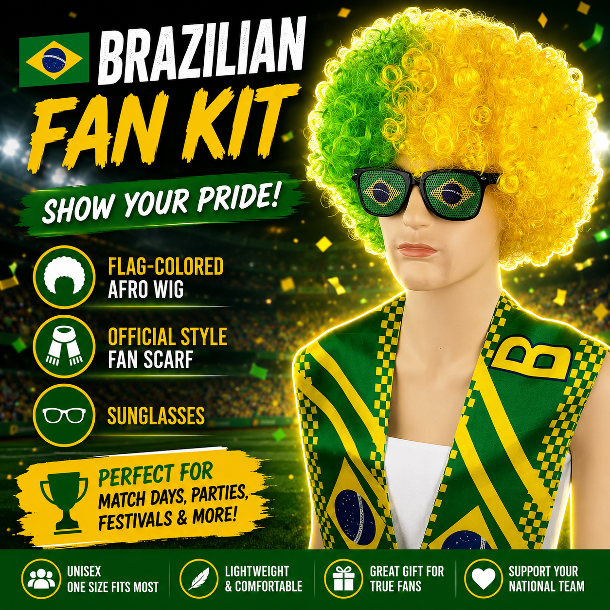 World Cup Ultimate Fan Set with Wig Scarf and Glasses